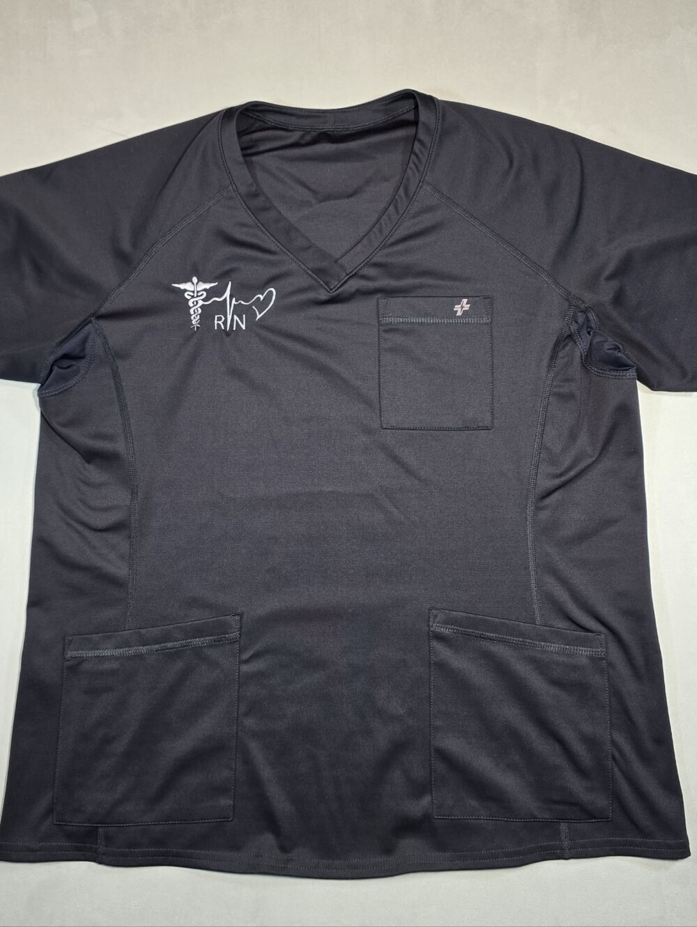 Womens Grey FIT Scrubs Scrub Top Embroidered Caduceus/ECG RN/Heart Sz. XL